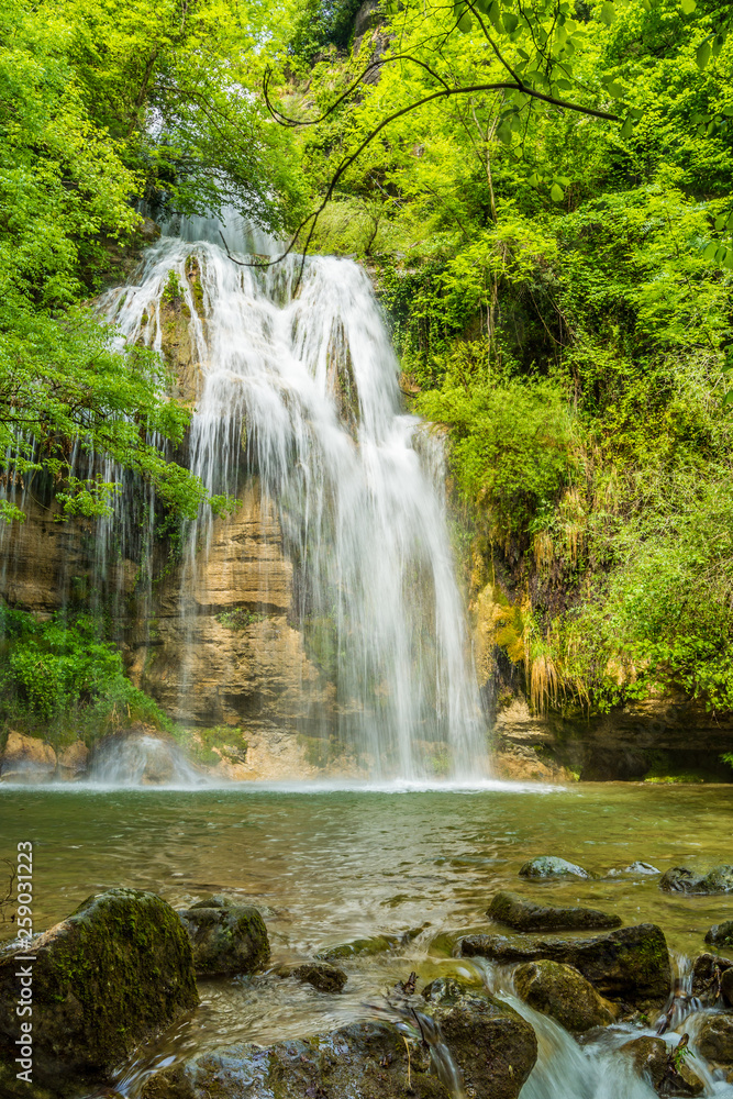 Amazing hidden waterfall in the wilderness (Salt del Roure,Garrotxa, Catalonia, Spain.