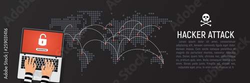 Global hacker attack world map vector illustration web banner rectangle template. World internet security in danger dark background in flat design. Internet phishing