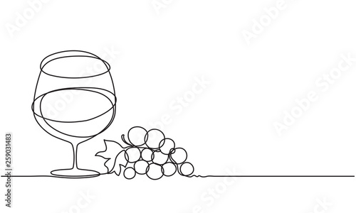 Glass of wine and a bunch of grapes. Drawing by a continuous line.