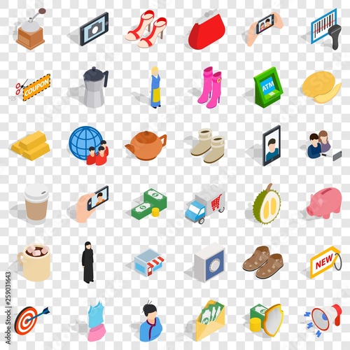 Woman food icons set. Isometric style of 36 woman food vector icons for web for any design