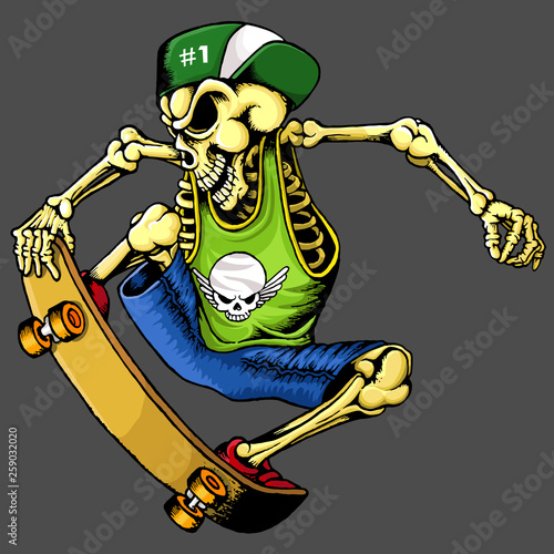 skateboard skull isolated grey background - hand drawn - vector art