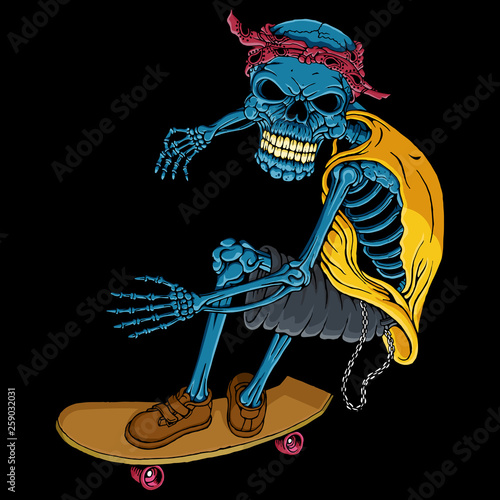 skateboard skull isolated black background - vector art