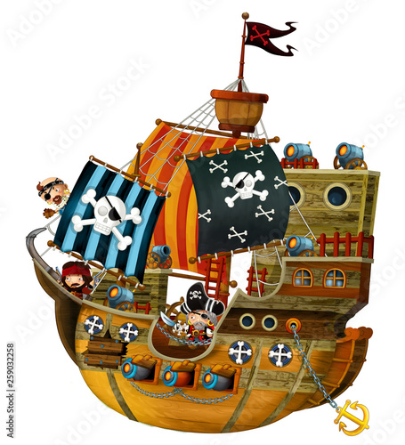 Cartoon pirate ship with cannons on white background - illustration for the children