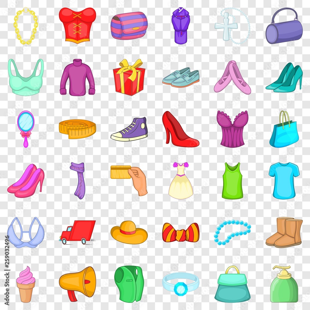 Woman shoe icons set. Cartoon style of 36 woman shoe vector icons for web for any design
