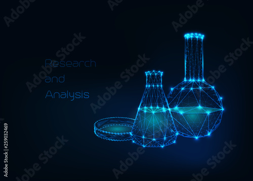 Futuristic science background with glowing low polygonal beakers and petri dish on dark blue.