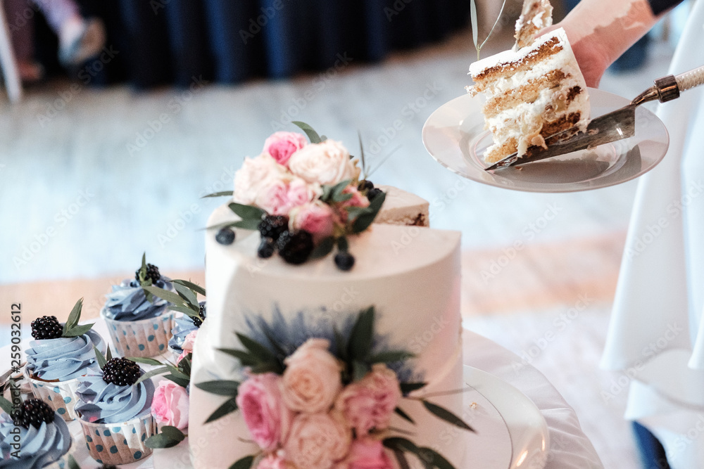 The newlyweds, the bride and groom, cut the wedding cake at the banquet. The newlyweds, the bride and groom, cut the wedding cake at the banquet.