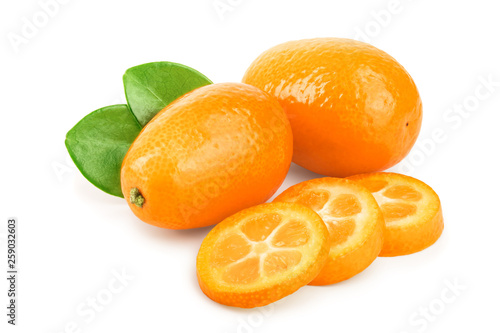Cumquat or kumquat with slies isolated on white background