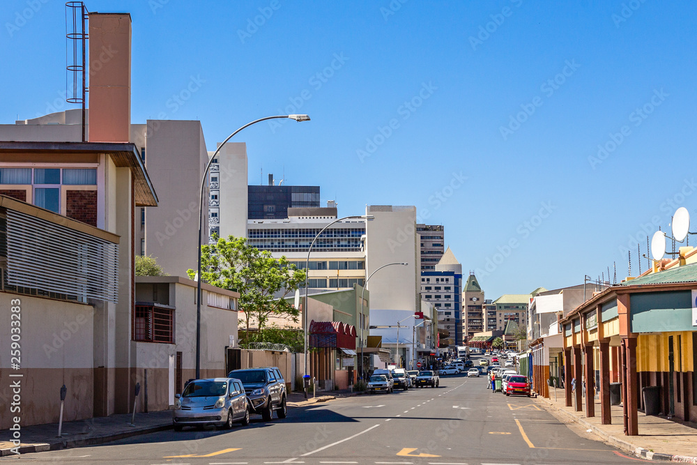 Windhoek downtown city center view with road full of cars, Windhoek, Namibia
