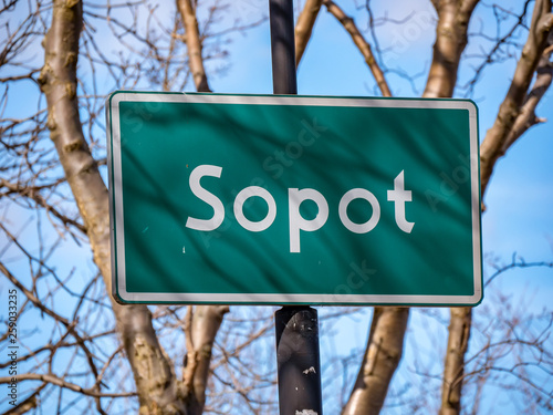 Road sign of Sopot city, Poland