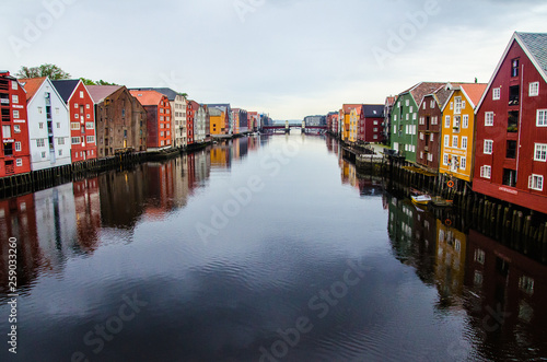 Picturesque houses view from the Gamle Bybro Old Town Bridge in the center of Trondheim