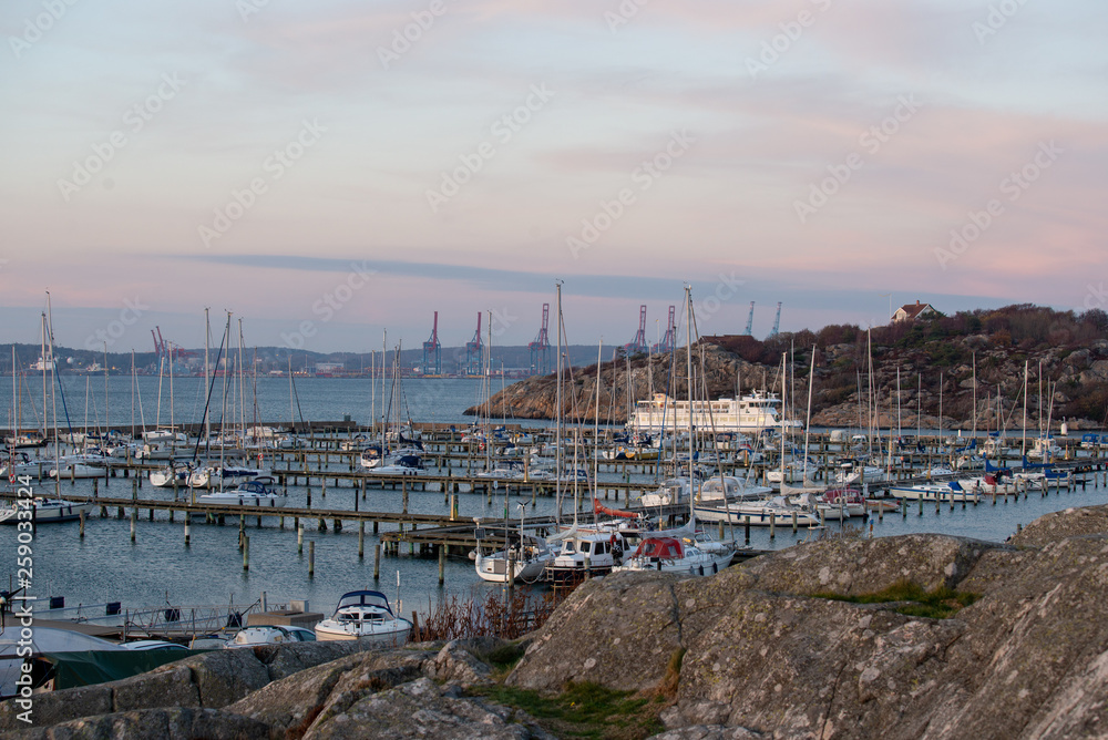 Marina bay, container cranes, harbor, Sweden, coast
