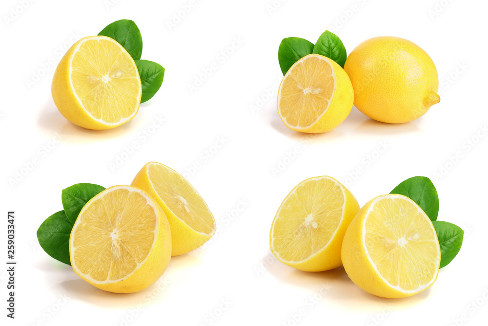 Lemon with leaf isolated on white background. Set or collection