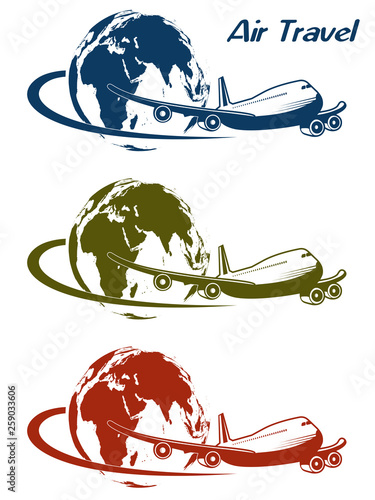 Airliner flying around the planet a symbol of international air travel.
