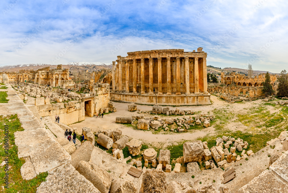 Ancient Roman temple of Bacchus panorama with surrounding ruins of ancient city, Bekaa Valley, Baalbek, Lebanon