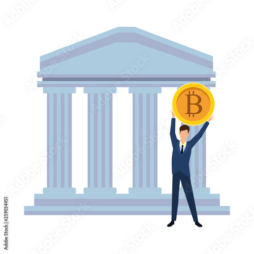 Businessman with bitcoin in bank building