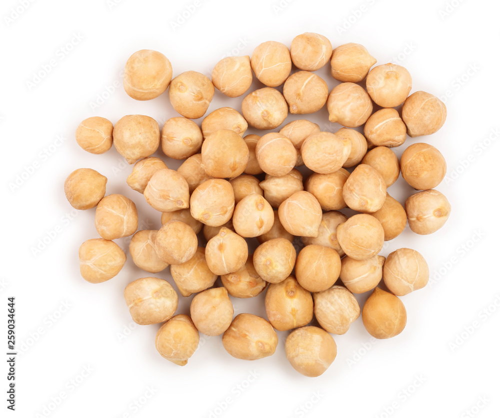 Dry raw organic chickpeas isolated on white background. Top view Dry raw organic chickpeas isolated on white background. Top view