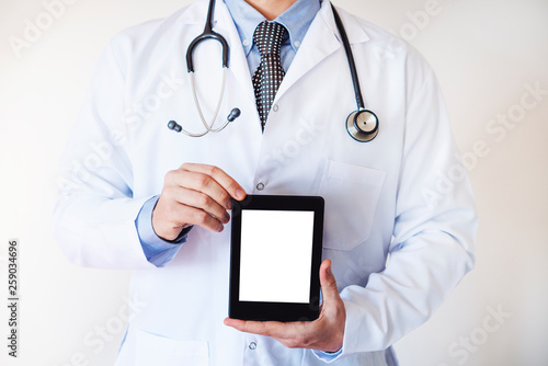 Doctor holding mobile phone , E-Health concept, Health concept, white screen