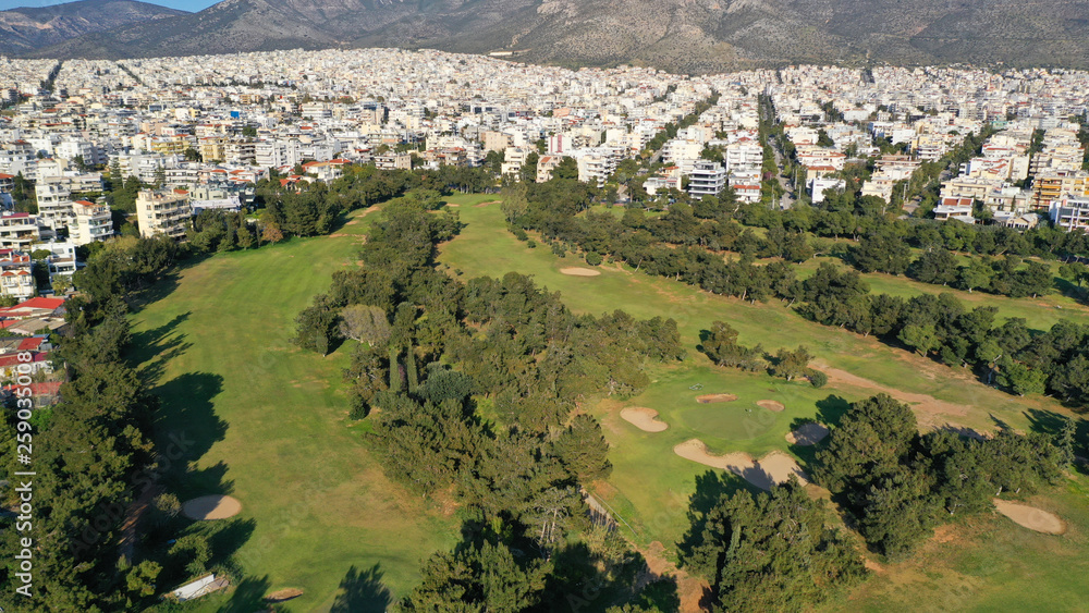 Aerial drone photo of famous Golf course in Glyfada area next to abandoned Elliniko airport, South Athens riviera, Attica, Greece