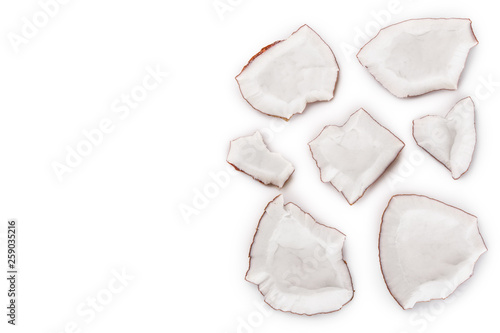 piece of coconut isolated on white background with copy space for your text. Top view. Flat lay