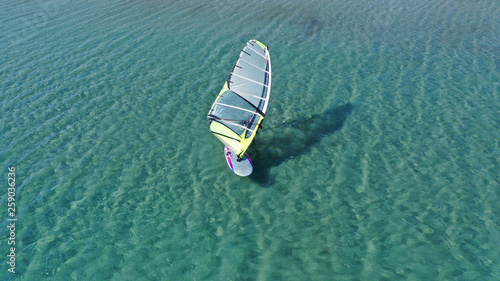 Aerial drone photo of Wind surfer practising in tropical exotic open ocean destination