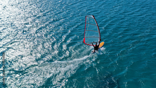 Aerial drone photo of Wind surfer practising in tropical exotic open ocean destination