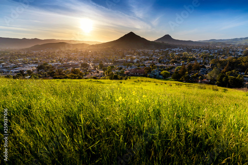 Setting Sun and Grass with Mountains