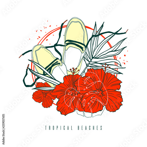 Beach vacation, tropical climate. Icon, label, sign, illustration with palm leaves, moccasin shoes and hibiscus flowers. Hand drawn graphic linear illustration for travel, tour, travel agency.