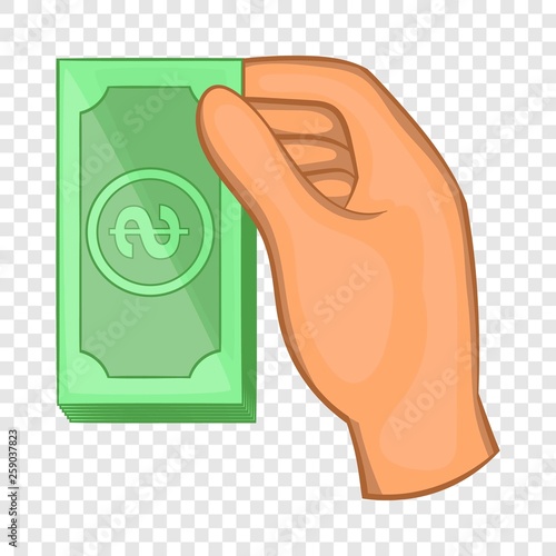 Hand holding dollar bills icon in cartoon style isolated on background for any web design 