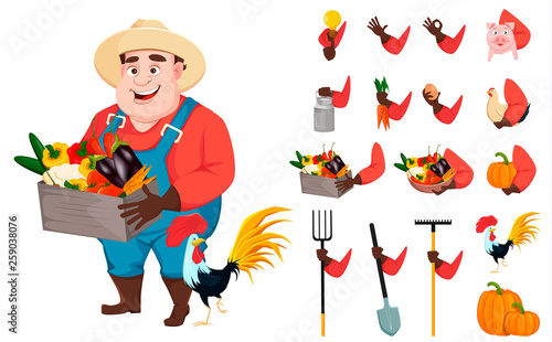 Funny gardener man cartoon character creation set