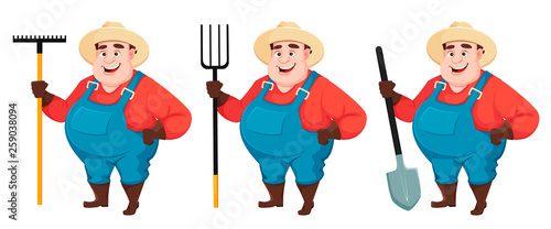 Fat farmer, agronomist, set of three poses