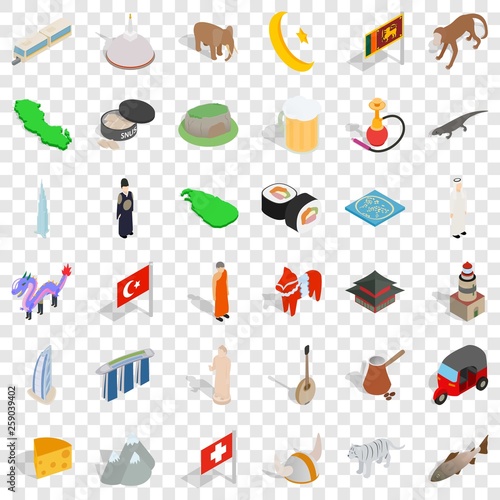 World culture icons set. Isometric style of 36 world culture vector icons for web for any design