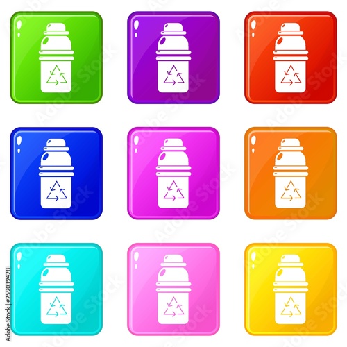 Purified water drink container icons set 9 color collection isolated on white for any design
