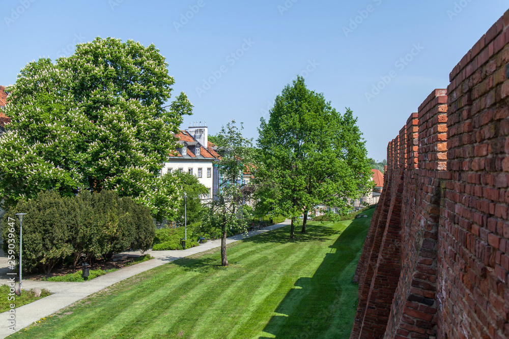 View of the park from the red brick city wall in Warsaw