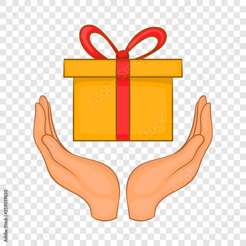 Gift box in hands icon in cartoon style isolated on background for any web design 