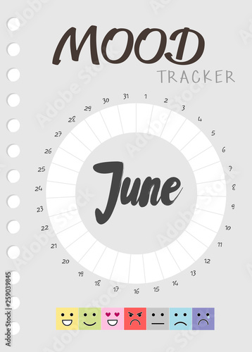 Mood diary for a month. mood tracker June calendar. keeping track of emotional state