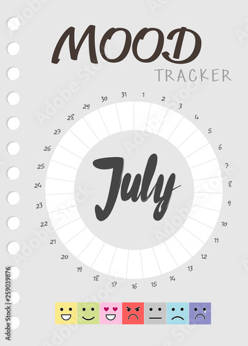 Mood diary for a month. mood tracker July calendar. keeping track of emotional state