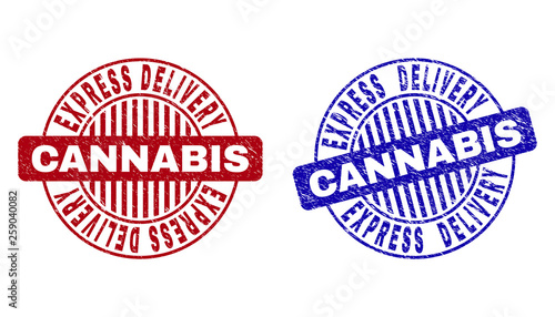 Grunge EXPRESS DELIVERY CANNABIS round stamp seals isolated on a white background. Round seals with grunge texture in red and blue colors.