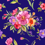 Seamless watercolor pattern of decorative flowers and bouquets on a dark blue background. Floral print for fabric, background for various designs.