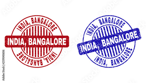 Grunge INDIA, BANGALORE round stamp seals isolated on a white background. Round seals with grunge texture in red and blue colors. Vector rubber imitation of INDIA,