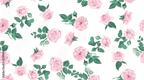 Seamless Floral Rose Pattern with Leaves.
