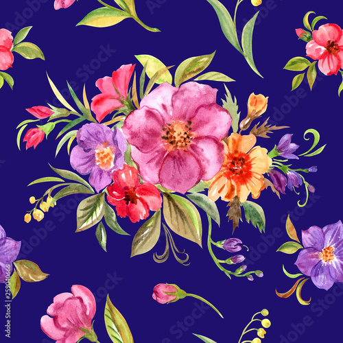 Fototapeta Naklejka Na Ścianę i Meble -  Seamless watercolor pattern of decorative flowers and bouquets on a dark blue background. Floral print for fabric, background for various designs.