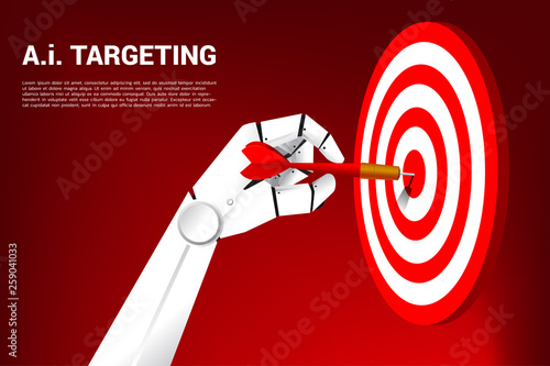 close up robot hand with dart arrow to hit the dartboard. Business Concept of targeting and customer.Company vision mission.