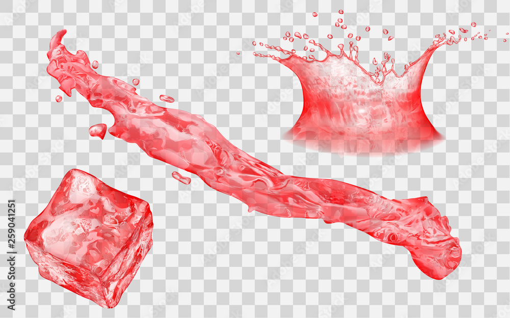 Naklejka premium Translucent ice cube, splash and water crown with drops - side view. In red colors, isolated on transparent backdrop. Transparency only in vector file