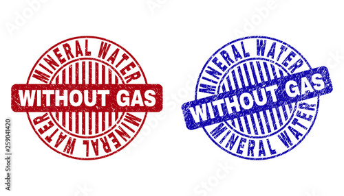 Grunge MINERAL WATER WITHOUT GAS round stamp seals isolated on a white background. Round seals with grunge texture in red and blue colors.