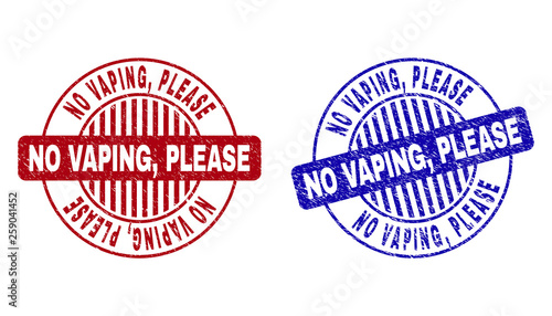 Grunge NO VAPING, PLEASE round stamp seals isolated on a white background. Round seals with grunge texture in red and blue colors. Vector rubber overlay of NO VAPING,