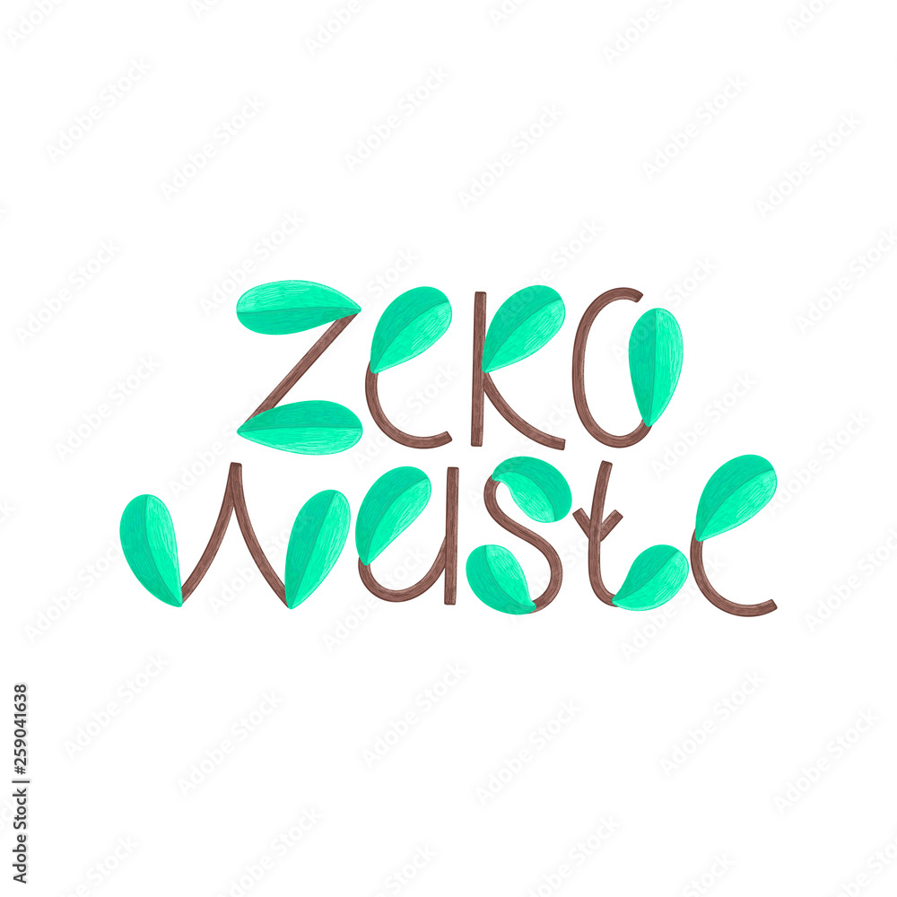 Zero waste. Lettering. Letters consisting of branches and green leaves. Decorative textured elements. Typography. It can be used for heading, packaging, cover, print on clothes. Vector, eps10