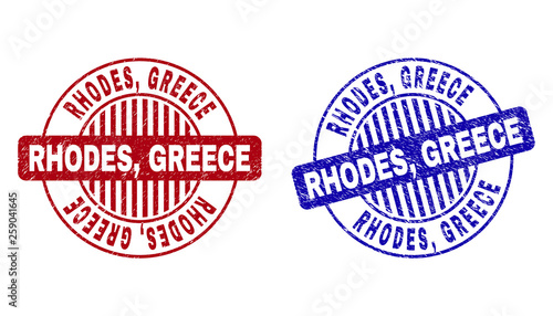 Grunge RHODES, GREECE round stamp seals isolated on a white background. Round seals with grunge texture in red and blue colors. Vector rubber imprint of RHODES,
