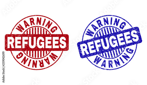 Grunge WARNING REFUGEES round stamp seals isolated on a white background. Round seals with grunge texture in red and blue colors.