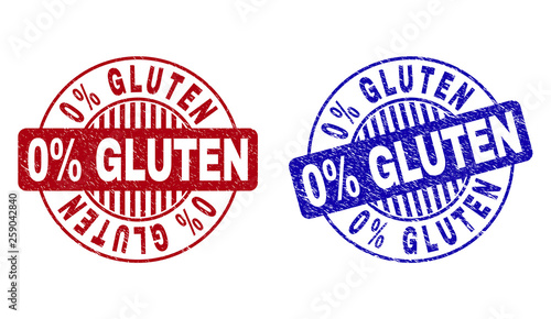 Grunge 0% GLUTEN round stamp seals isolated on a white background. Round seals with grunge texture in red and blue colors. Vector rubber watermark of 0% GLUTEN title inside circle form with stripes.