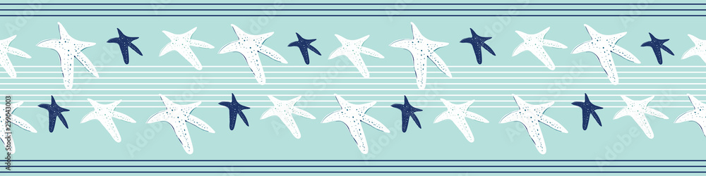 Coastal, nautical starfish seamless border. White pinstripes and sea stars on a turquoise background. Seamless vector design with fresh clean look for vacation, beach wedding, resort and spa ideas.